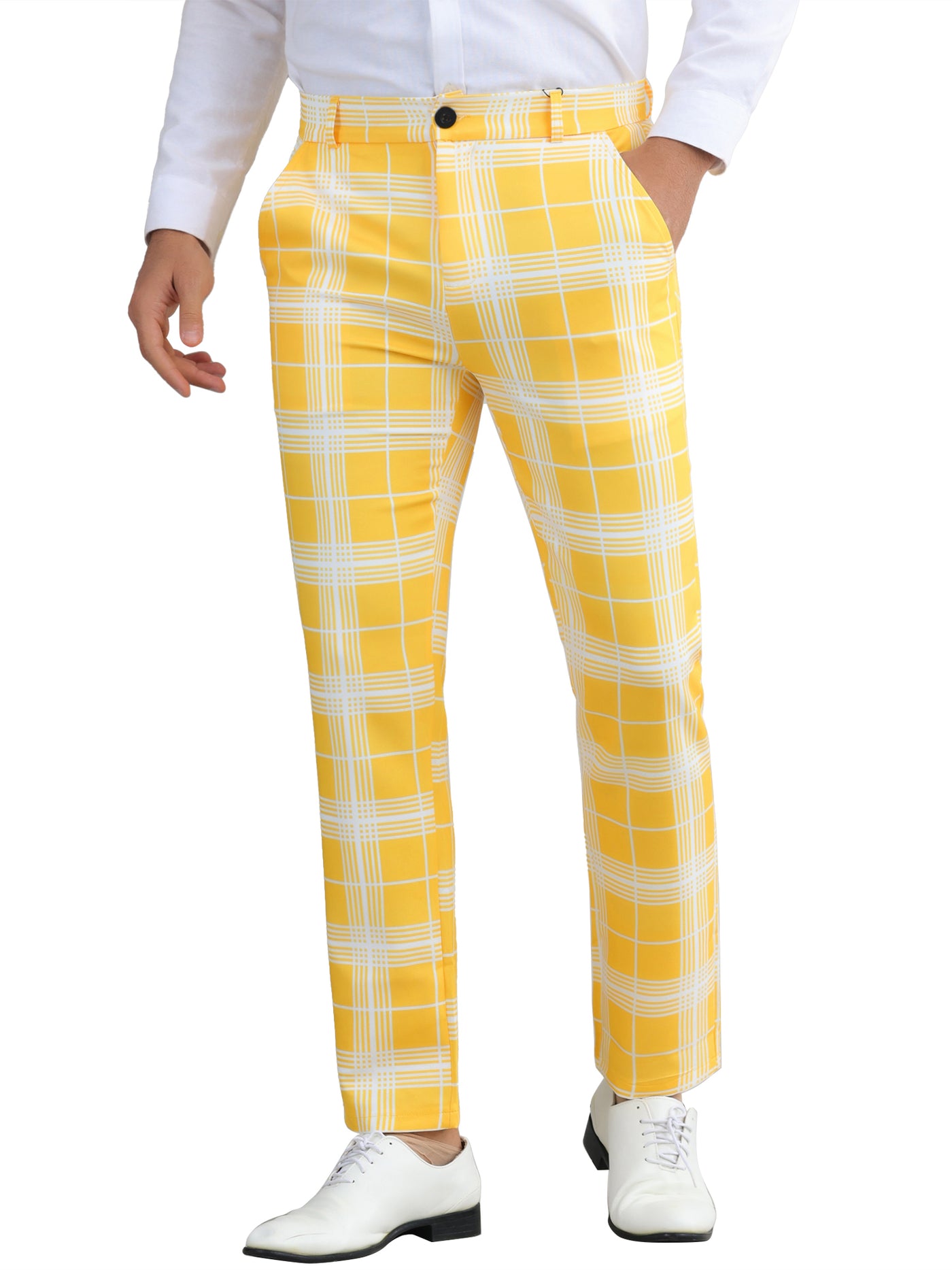 Bublédon Plaid Dress Pants for Men's Flat Front Color BlockZipper Business Chino Trousers