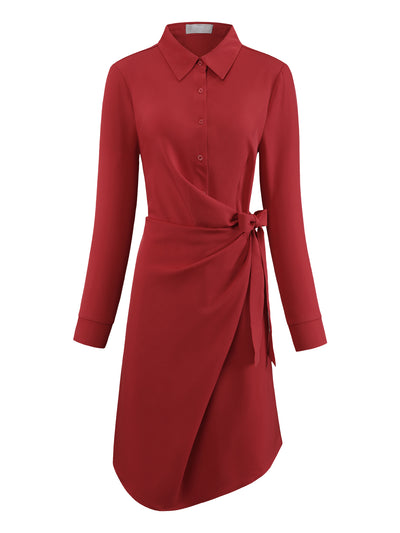 Women's Long Sleeve Shirt Dress Lapel Collar Faux Wrap Button Up Casual Work Short Dresses