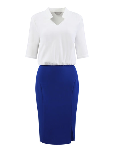 Women's Short Sleeve Work Dress Contrast Color V Neck Pencil Sheath Dresses