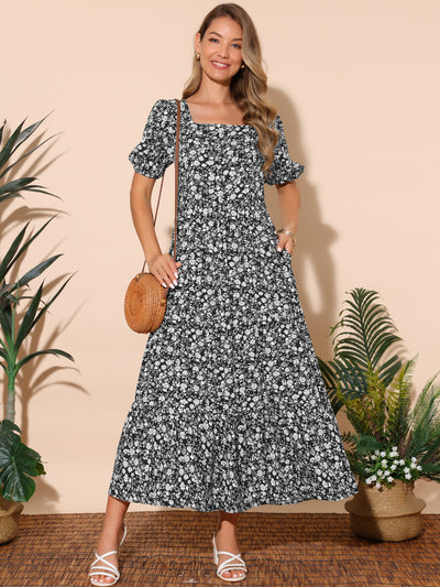 Women's Floral Dresses Short Sleeve Square Neck Boho Casual Dress with Pockets Summer Outfits