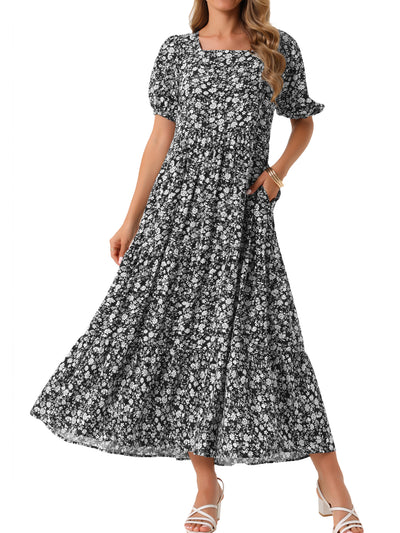 Women's Floral Dresses Short Sleeve Square Neck Boho Casual Dress with Pockets Summer Outfits