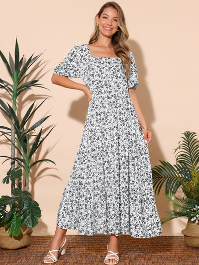 Women's Floral Dresses Short Sleeve Square Neck Boho Casual Dress with Pockets Summer Outfits