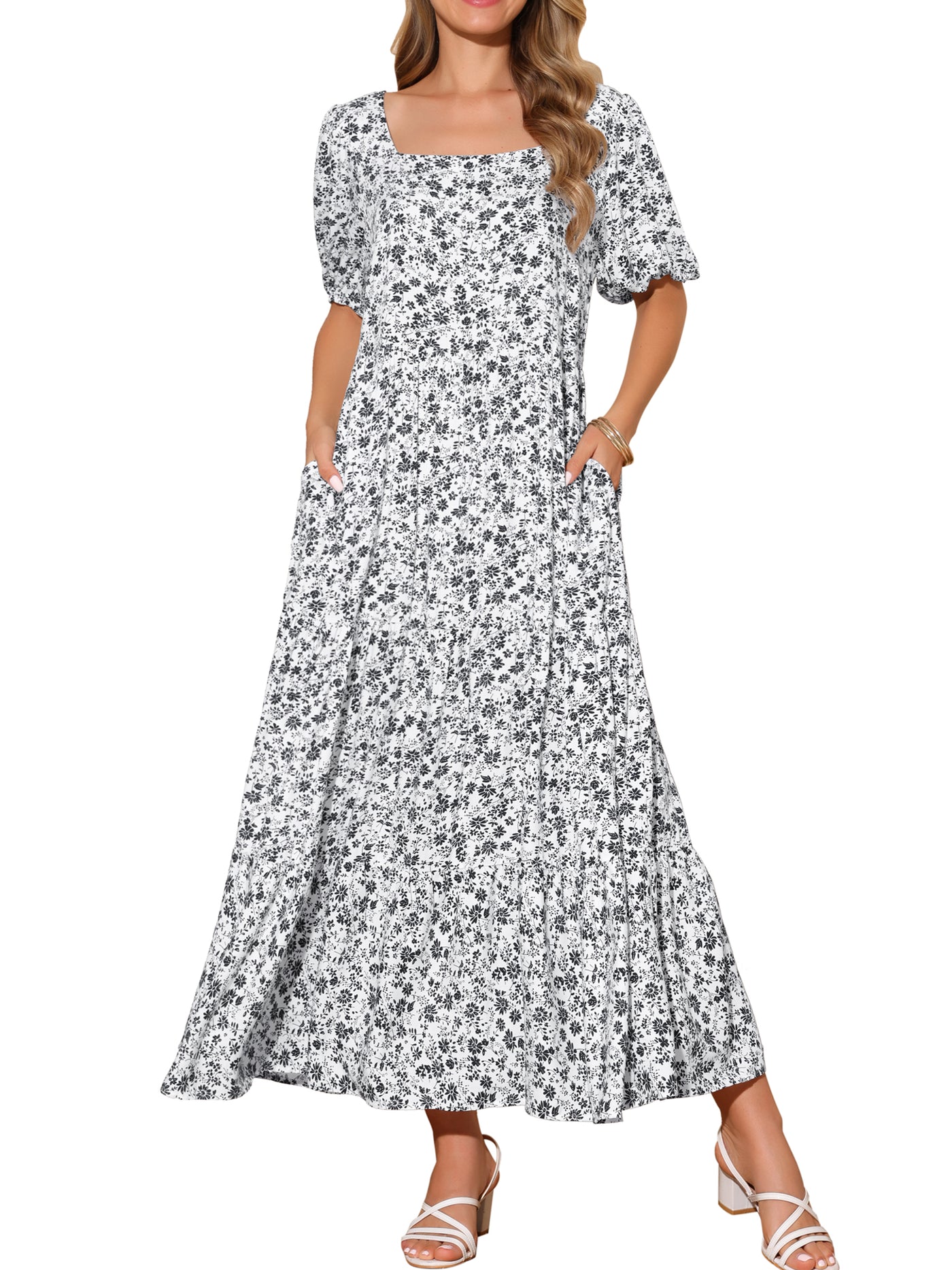 Bublédon Women's Floral Dresses Short Sleeve Square Neck Boho Casual Dress with Pockets Summer Outfits