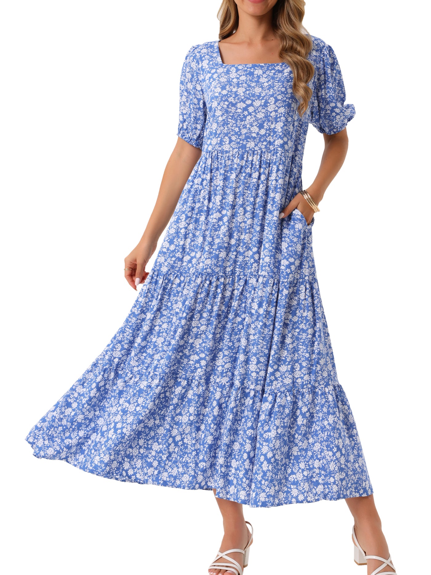 Bublédon Women's Floral Dresses Short Sleeve Square Neck Boho Casual Dress with Pockets Summer Outfits