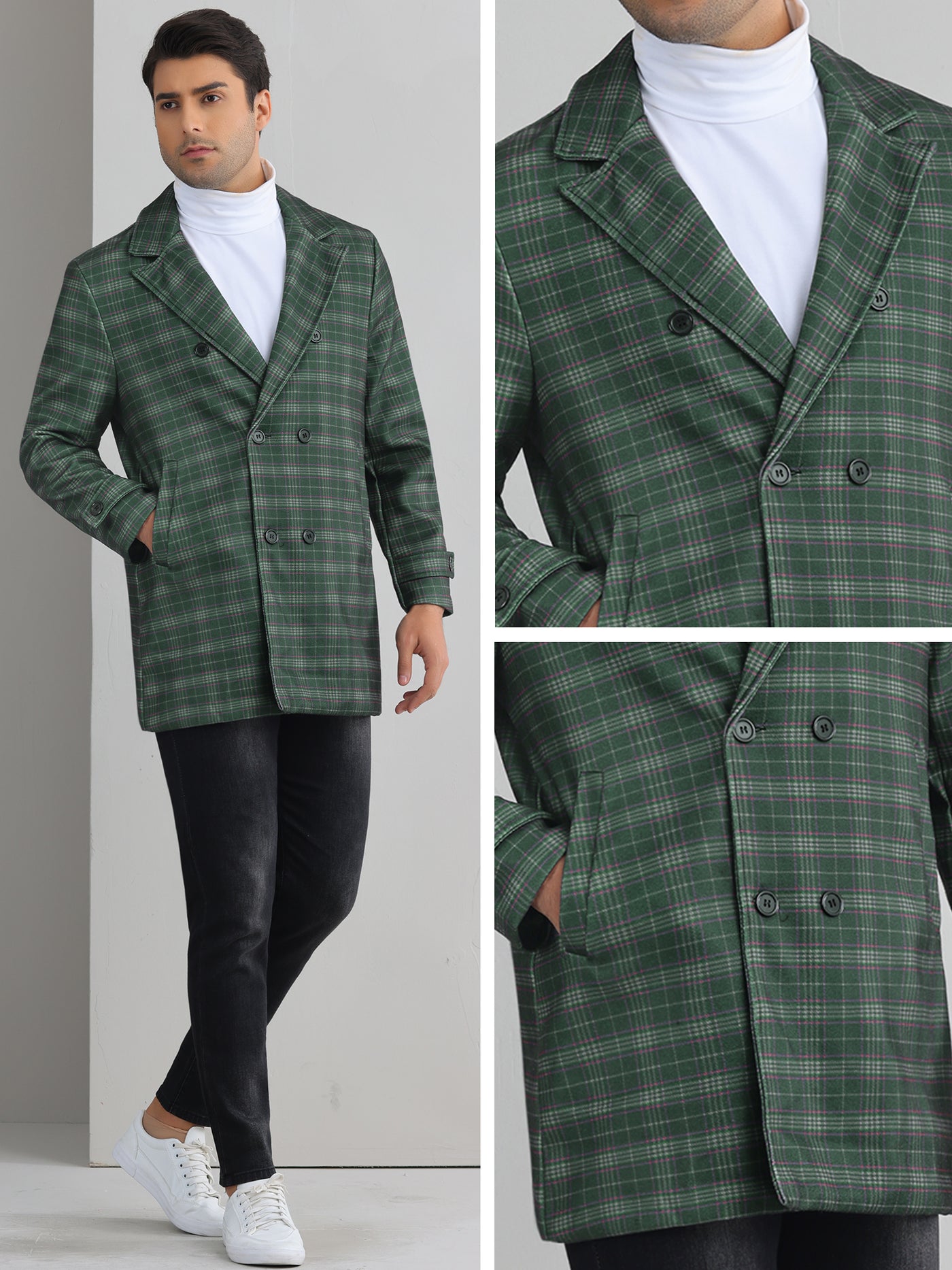 Bublédon Plaid Overcoat for Men's Notch Collar Double Breasted Checked Winter Trench Coat