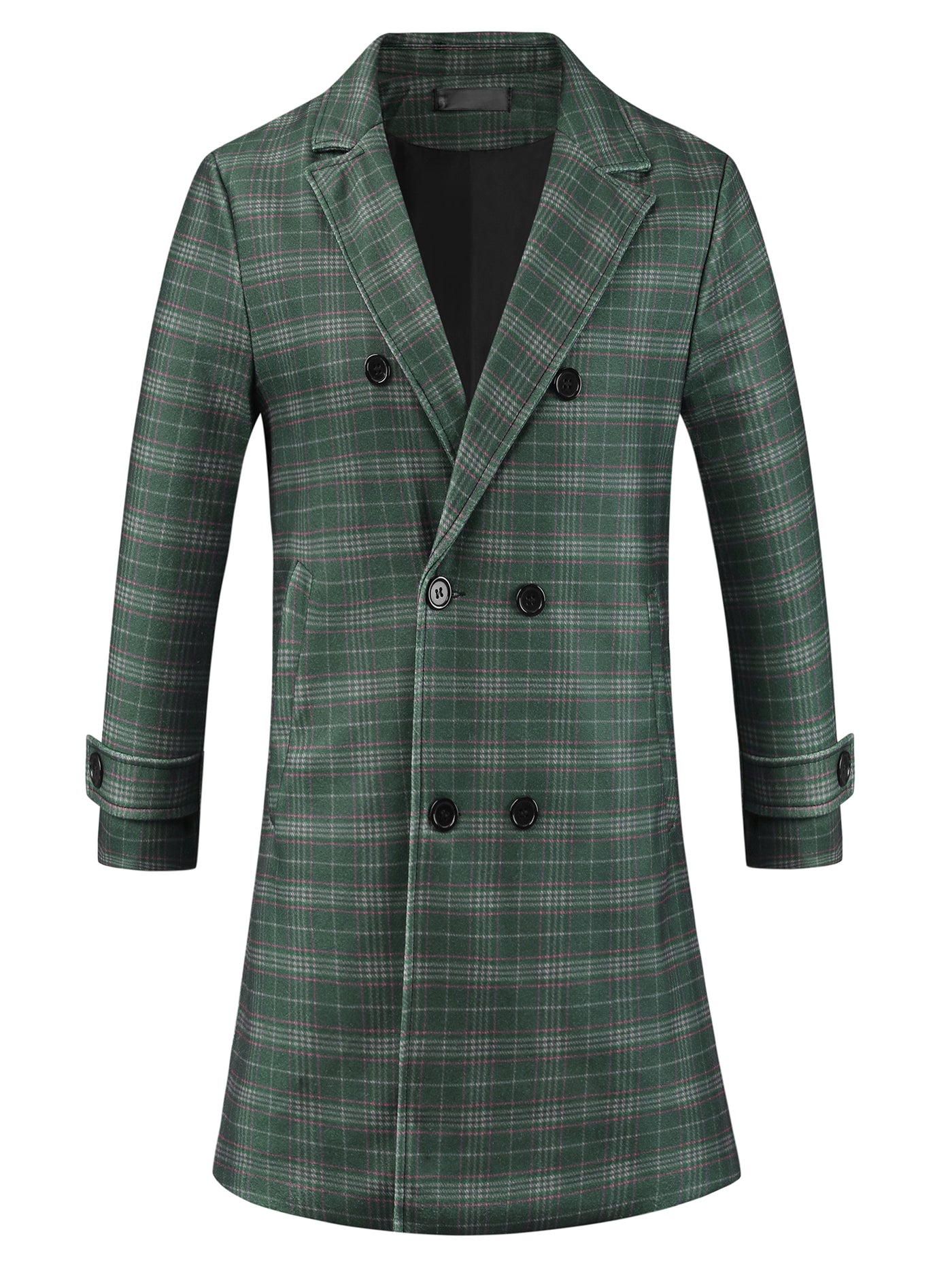 Bublédon Plaid Overcoat for Men's Notch Collar Double Breasted Checked Winter Trench Coat