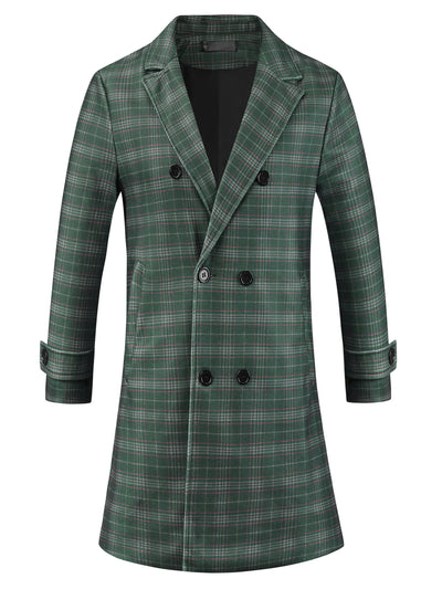 Plaid Overcoat for Men's Notch Collar Double Breasted Checked Winter Trench Coat