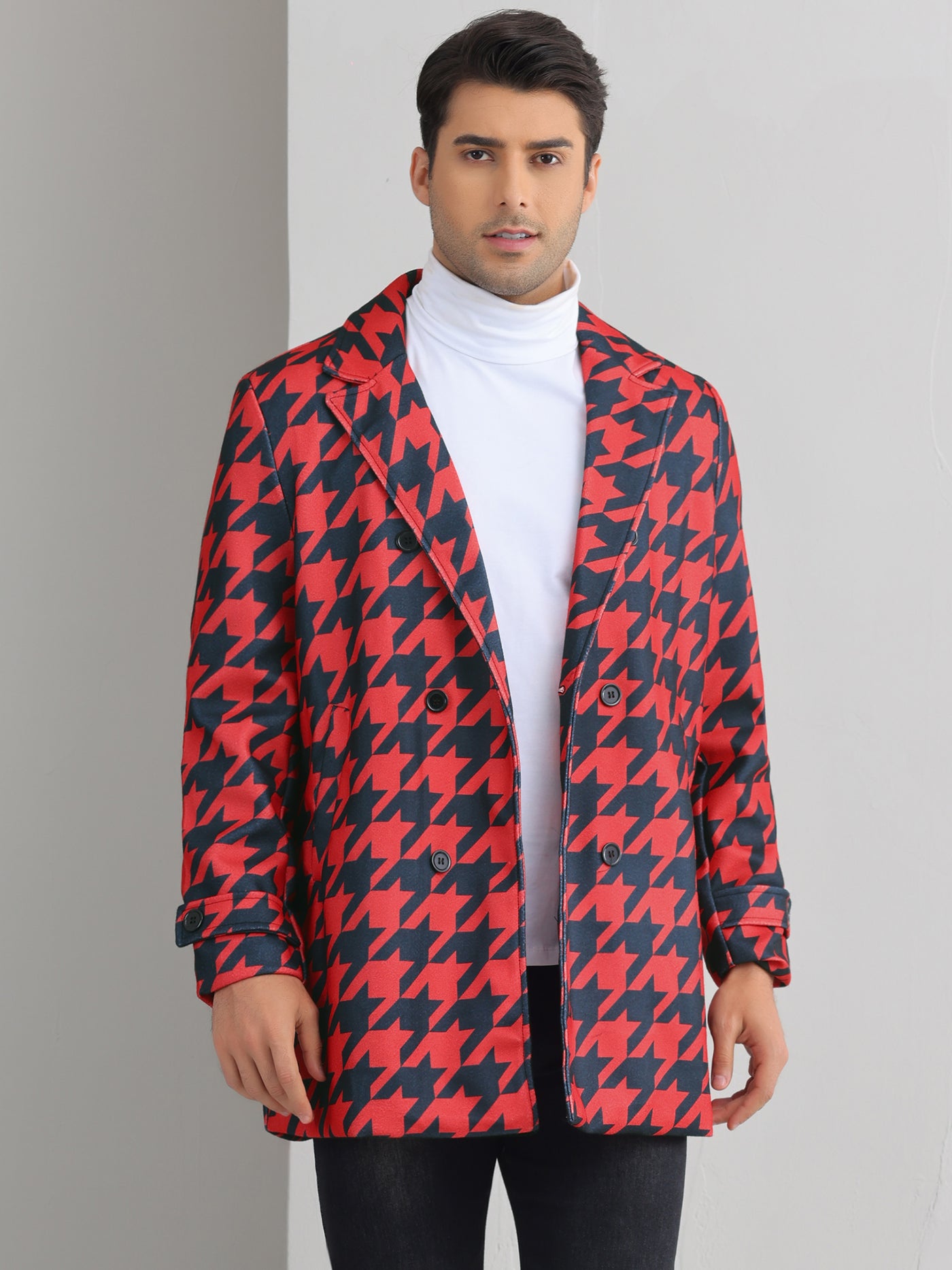 Bublédon Houndstooth Trench Coat for Men's Double Breasted Plaid Pattern Winter Overcoat