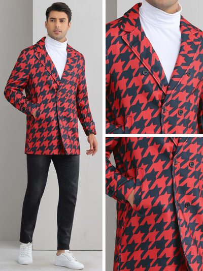 Houndstooth Trench Coat for Men's Double Breasted Plaid Pattern Winter Overcoat