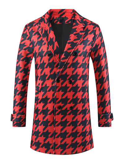 Houndstooth Trench Coat for Men's Double Breasted Plaid Pattern Winter Overcoat