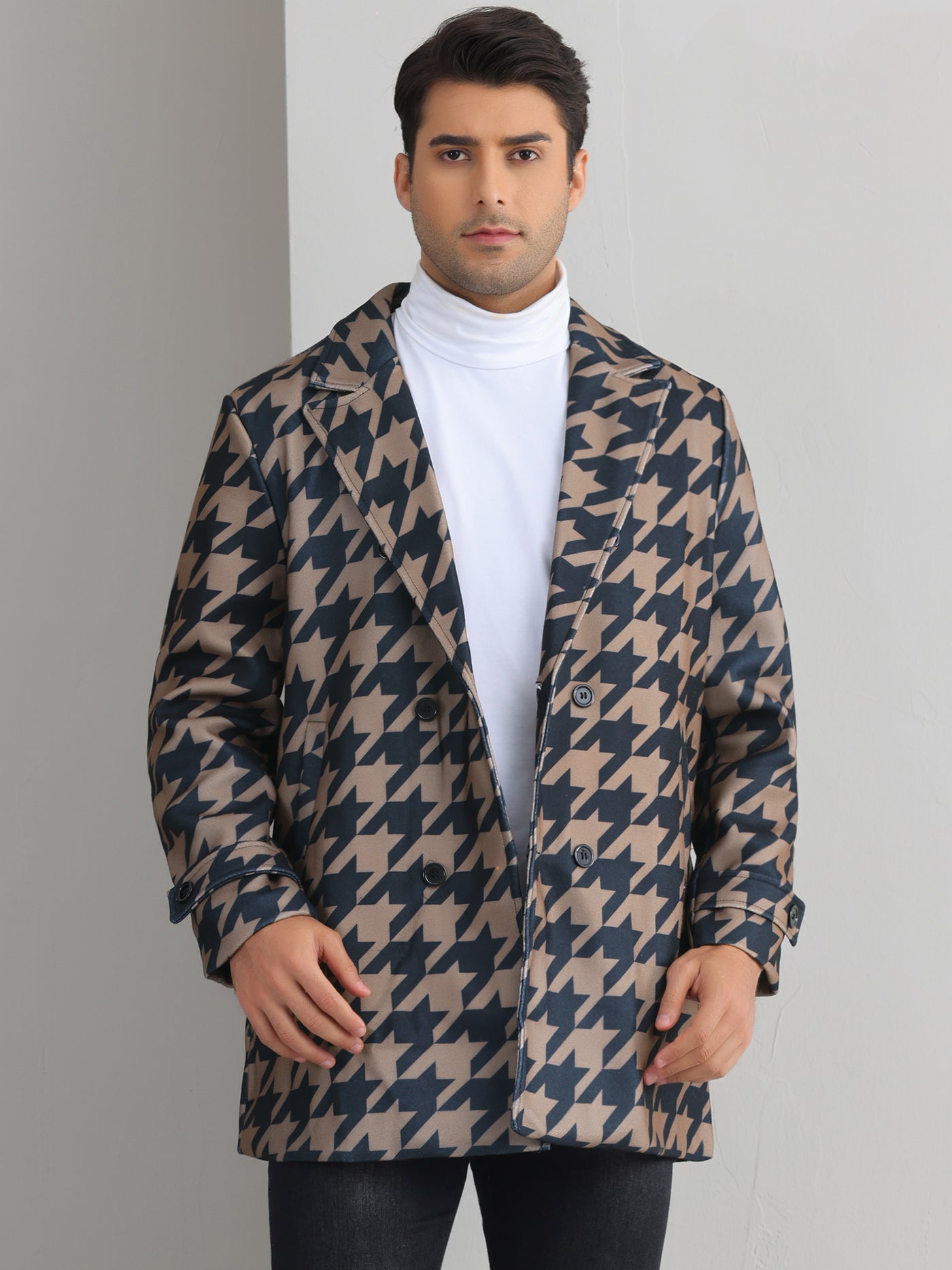 Bublédon Houndstooth Trench Coat for Men's Double Breasted Plaid Pattern Winter Overcoat