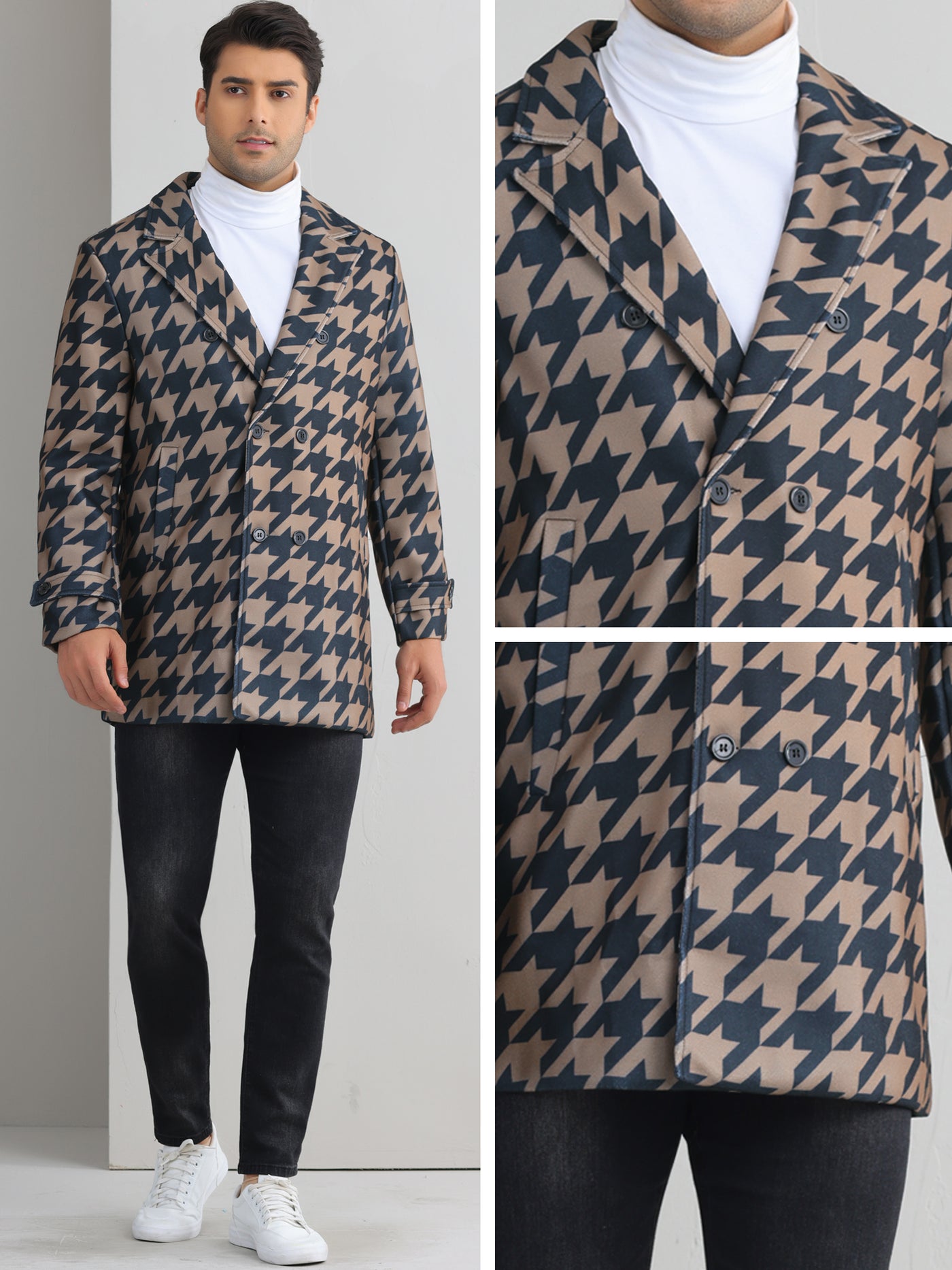 Bublédon Houndstooth Trench Coat for Men's Double Breasted Plaid Pattern Winter Overcoat