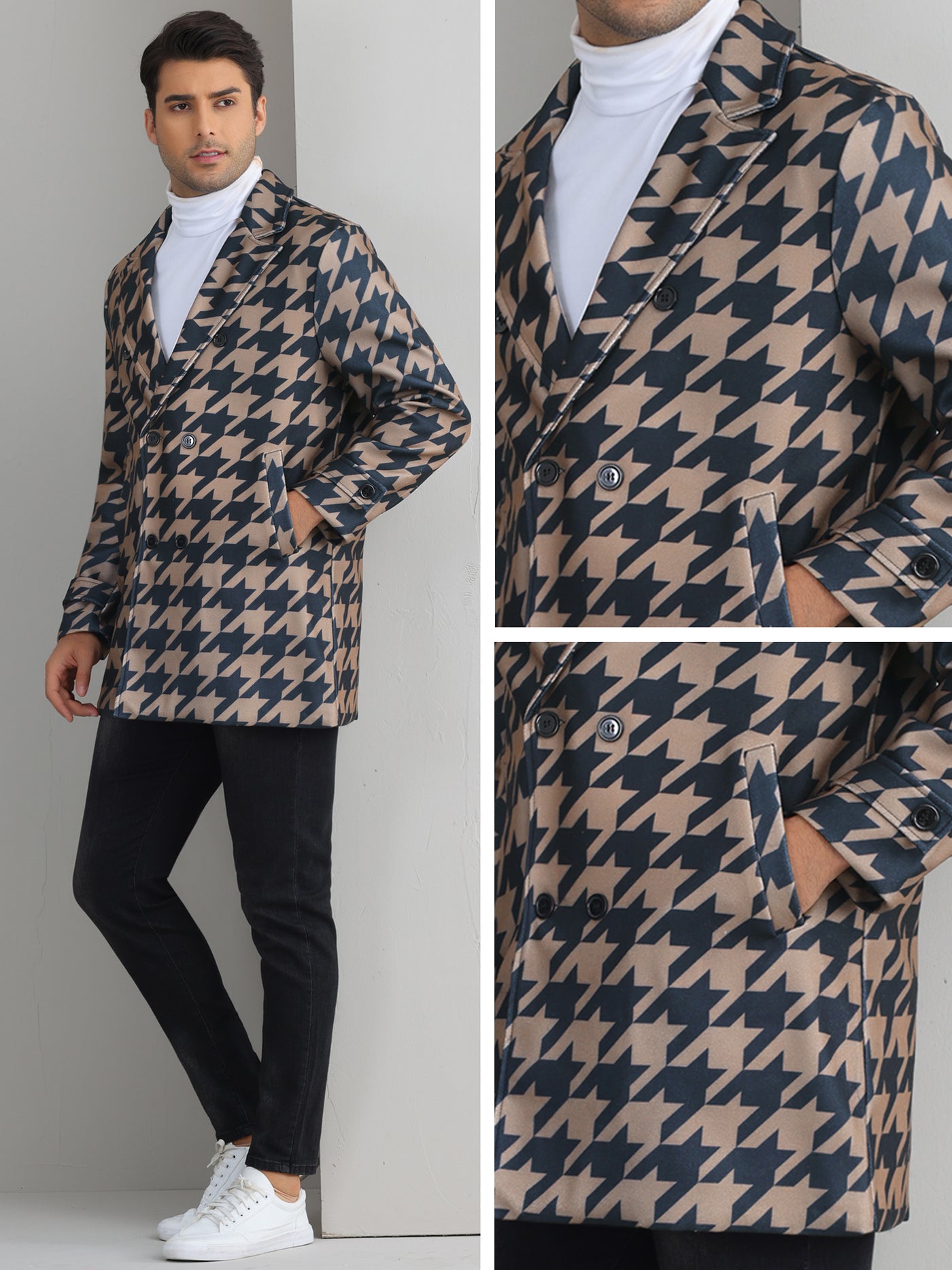 Bublédon Houndstooth Trench Coat for Men's Double Breasted Plaid Pattern Winter Overcoat