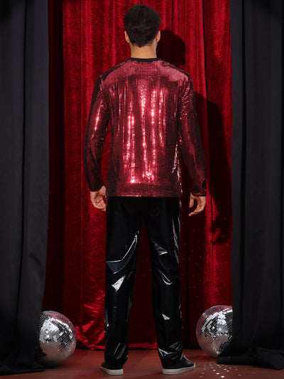 Sparkly Sequin T-Shirt for Men's Round Neck Long Sleeve Disco Party Shining Metallic Tee