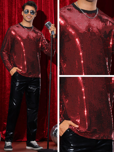 Sparkly Sequin T-Shirt for Men's Round Neck Long Sleeve Disco Party Shining Metallic Tee