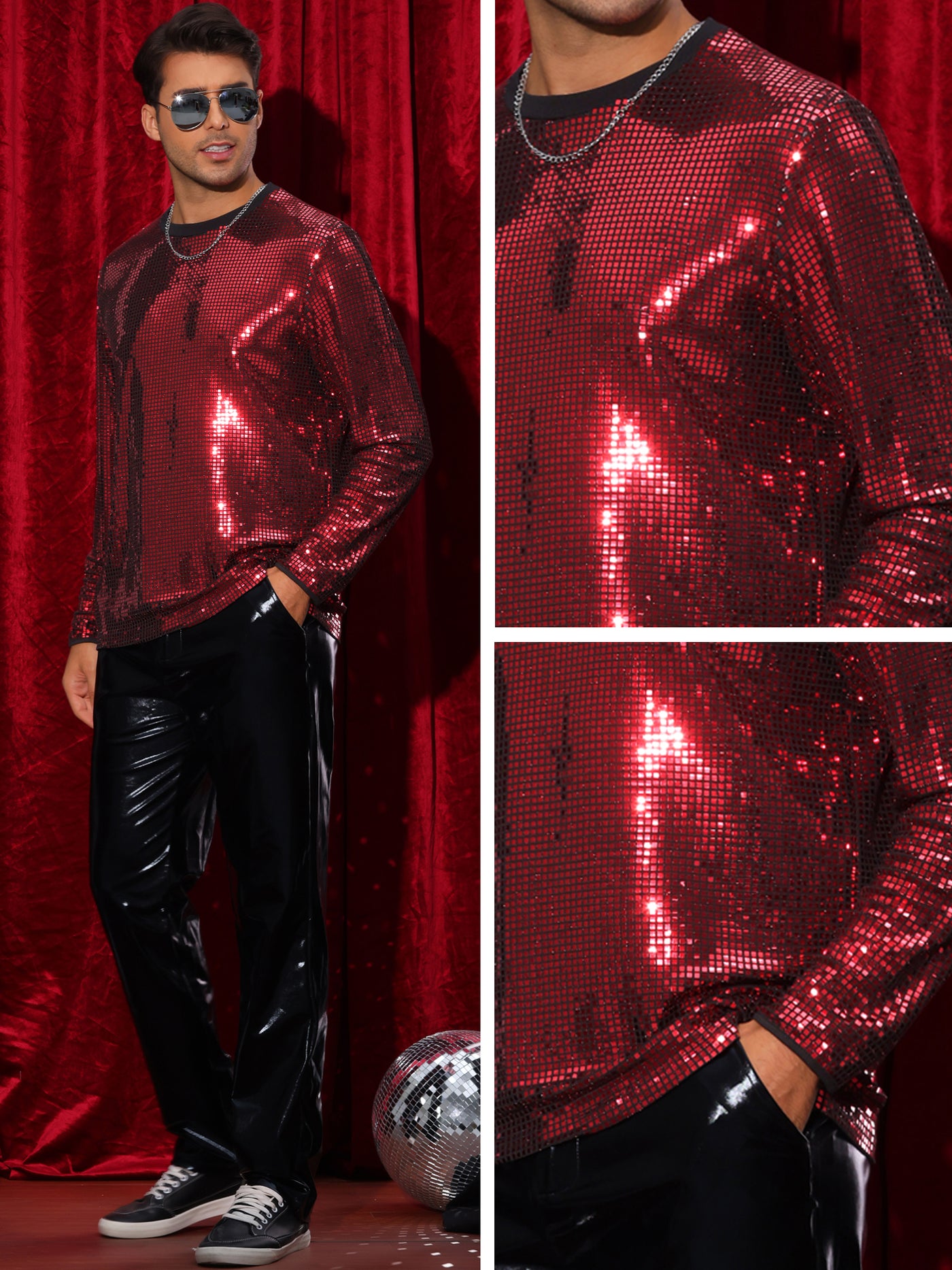 Bublédon Sparkly Sequin T-Shirt for Men's Round Neck Long Sleeve Disco Party Shining Metallic Tee