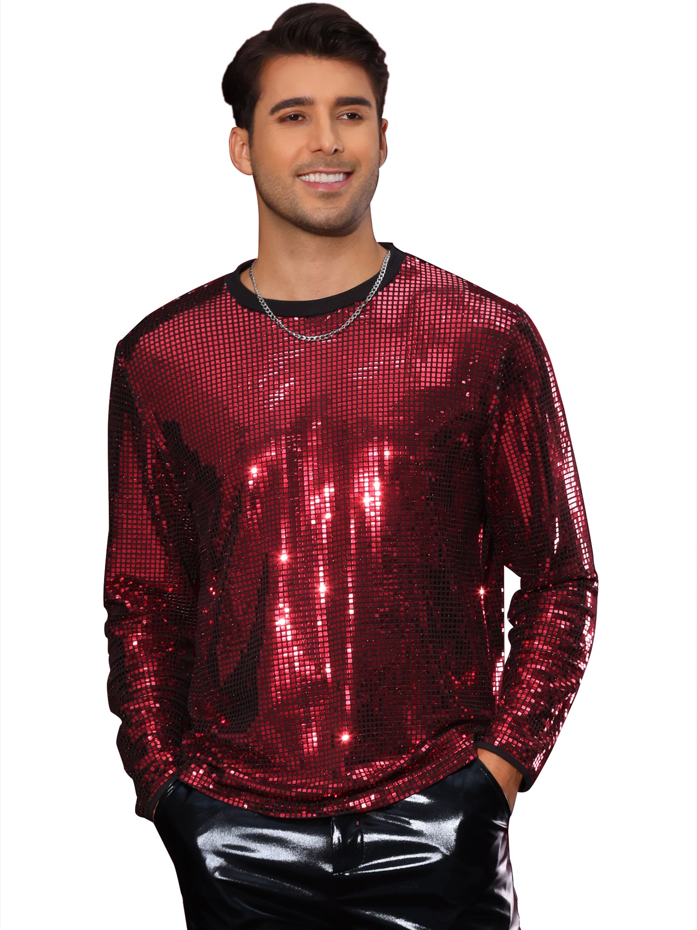 Bublédon Sparkly Sequin T-Shirt for Men's Round Neck Long Sleeve Disco Party Shining Metallic Tee