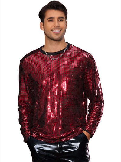 Sparkly Sequin T-Shirt for Men's Round Neck Long Sleeve Disco Party Shining Metallic Tee