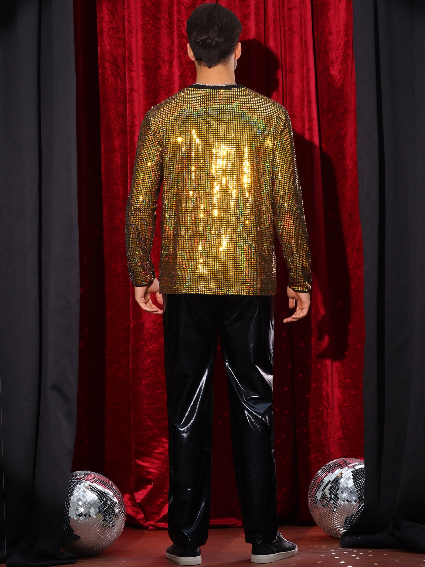 Bublédon Sparkly Sequin T-Shirt for Men's Round Neck Long Sleeve Disco Party Shining Metallic Tee