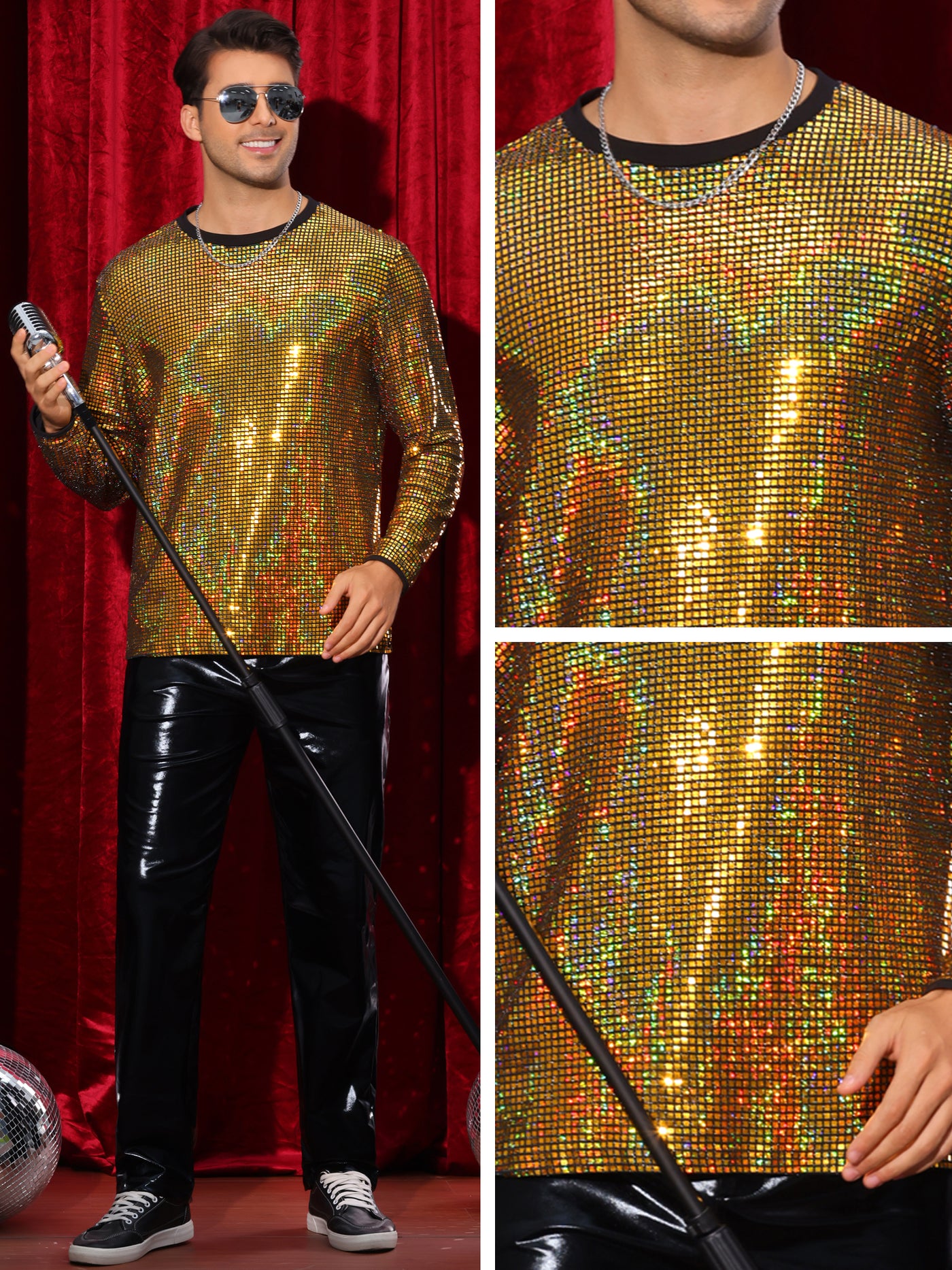 Bublédon Sparkly Sequin T-Shirt for Men's Round Neck Long Sleeve Disco Party Shining Metallic Tee