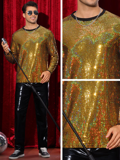 Sparkly Sequin T-Shirt for Men's Round Neck Long Sleeve Disco Party Shining Metallic Tee