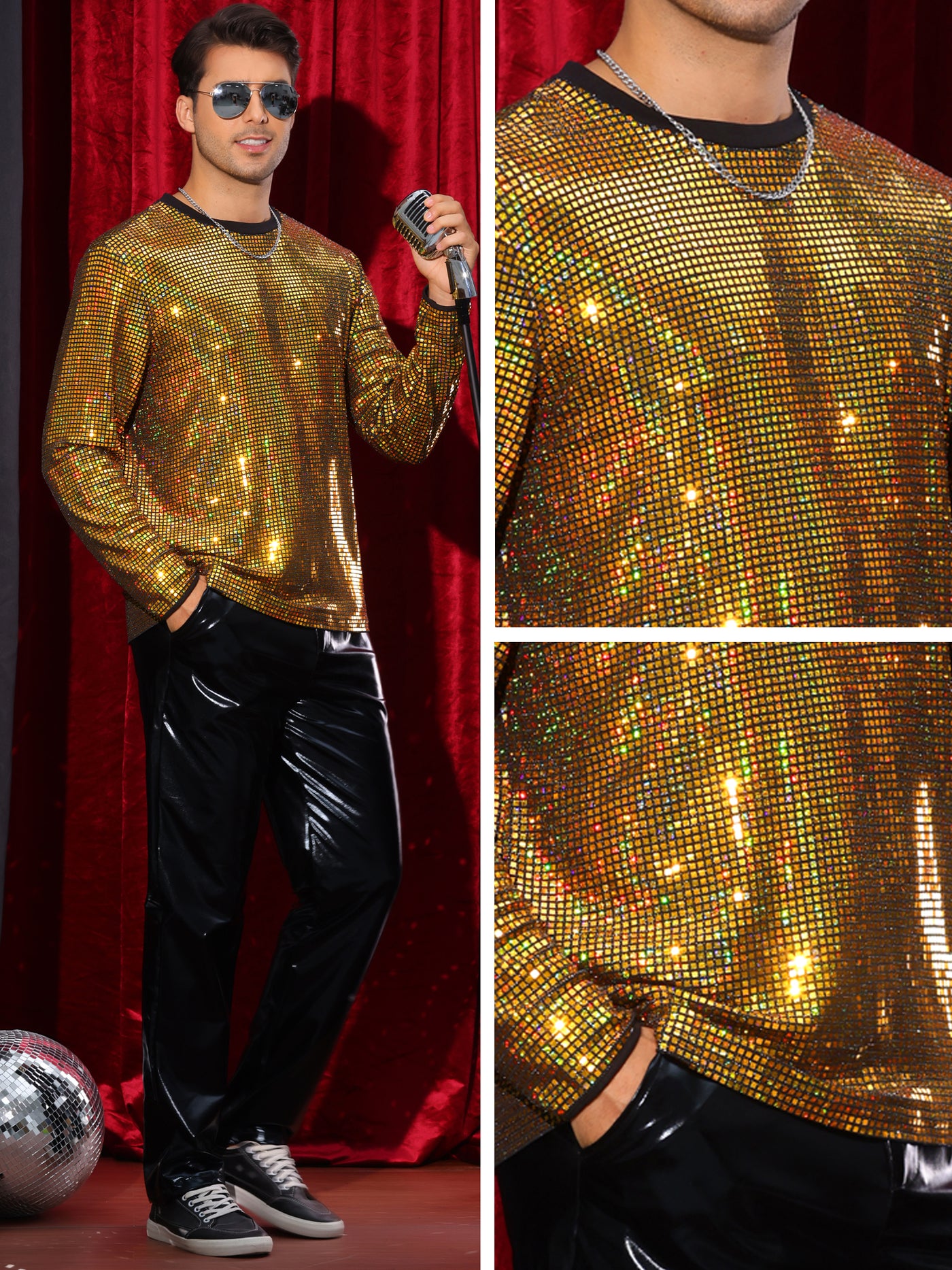 Bublédon Sparkly Sequin T-Shirt for Men's Round Neck Long Sleeve Disco Party Shining Metallic Tee