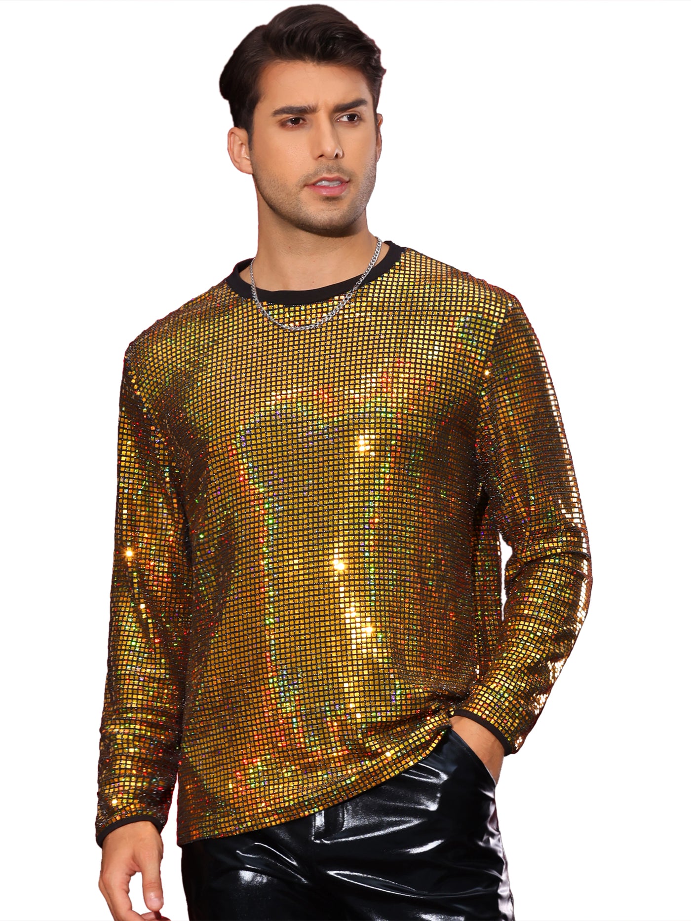 Bublédon Sparkly Sequin T-Shirt for Men's Round Neck Long Sleeve Disco Party Shining Metallic Tee