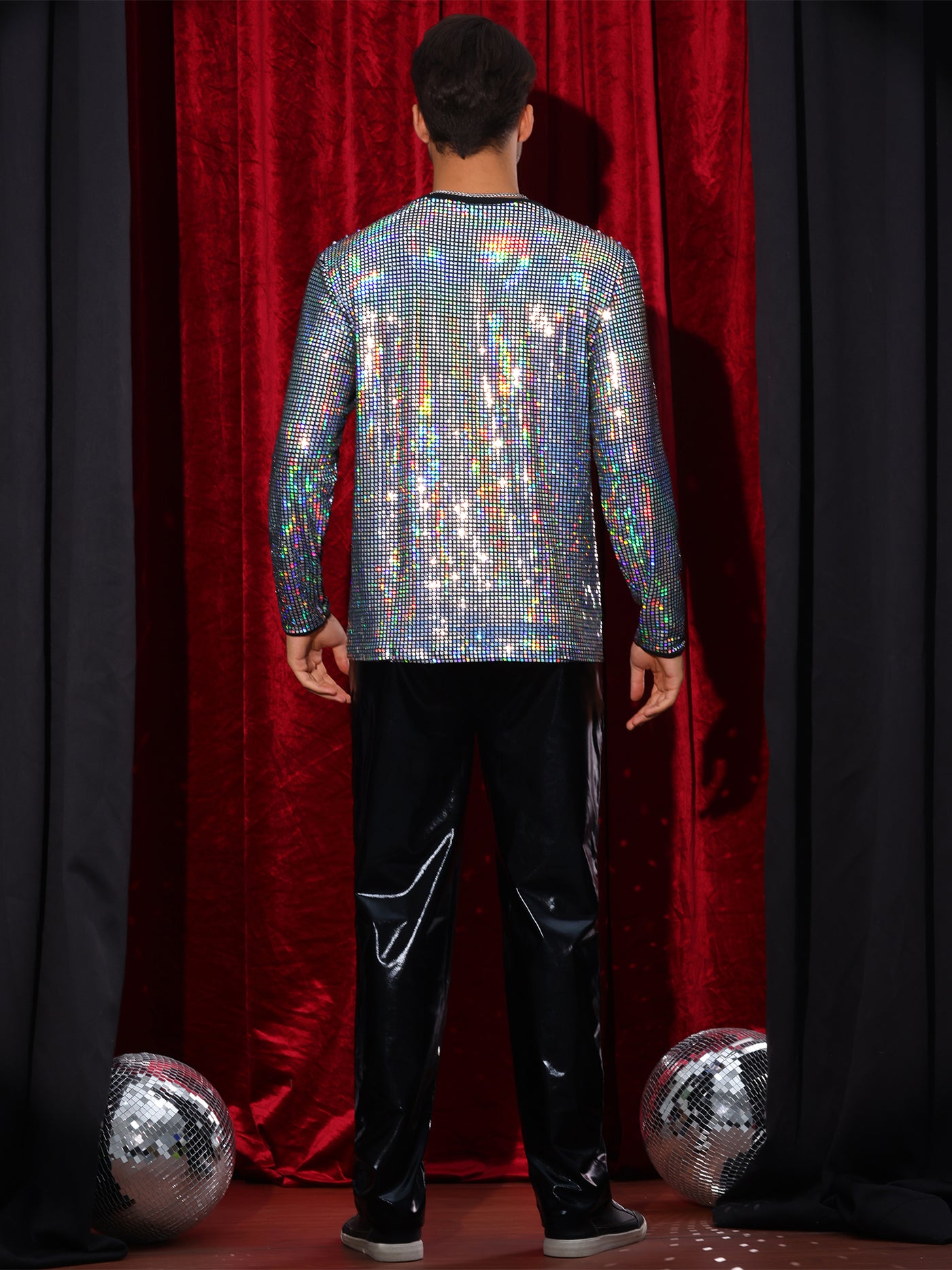 Bublédon Sparkly Sequin T-Shirt for Men's Round Neck Long Sleeve Disco Party Shining Metallic Tee