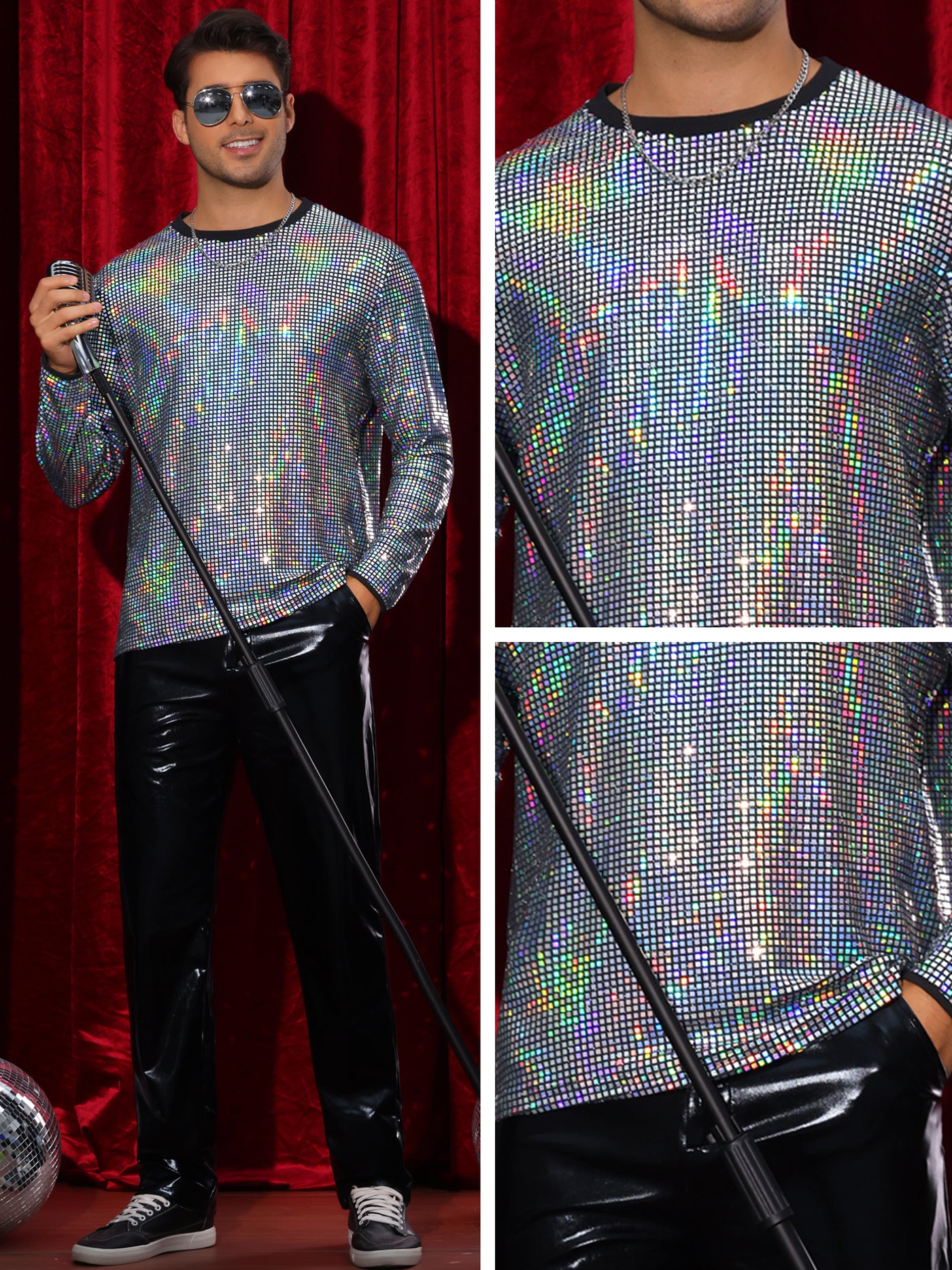 Bublédon Sparkly Sequin T-Shirt for Men's Round Neck Long Sleeve Disco Party Shining Metallic Tee