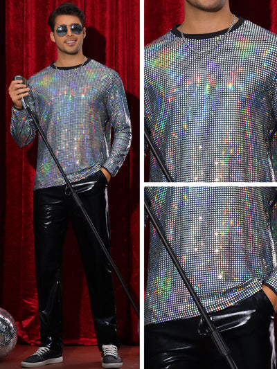 Sparkly Sequin T-Shirt for Men's Round Neck Long Sleeve Disco Party Shining Metallic Tee