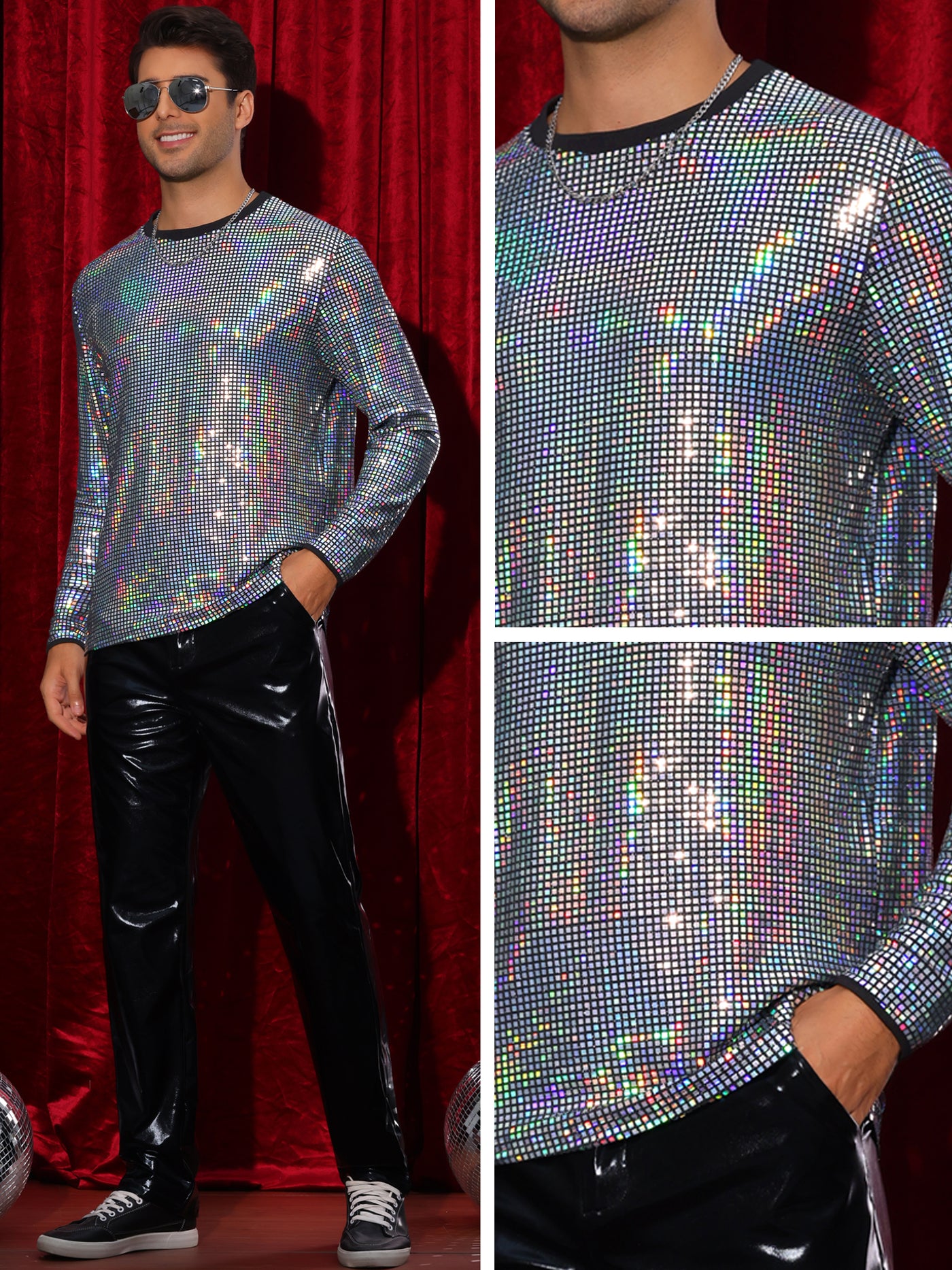 Bublédon Sparkly Sequin T-Shirt for Men's Round Neck Long Sleeve Disco Party Shining Metallic Tee