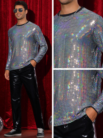 Sparkly Sequin T-Shirt for Men's Round Neck Long Sleeve Disco Party Shining Metallic Tee