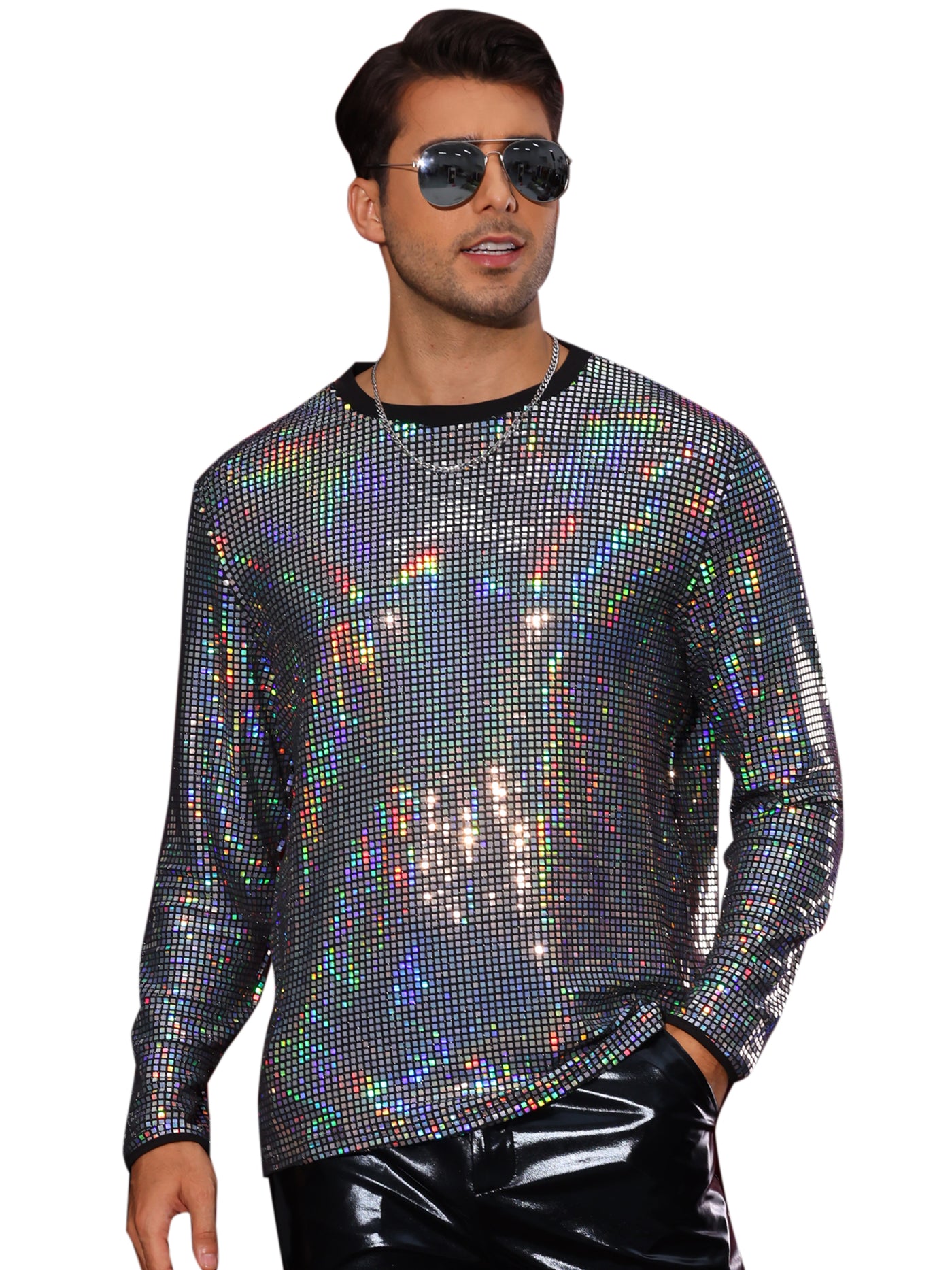 Bublédon Sparkly Sequin T-Shirt for Men's Round Neck Long Sleeve Disco Party Shining Metallic Tee