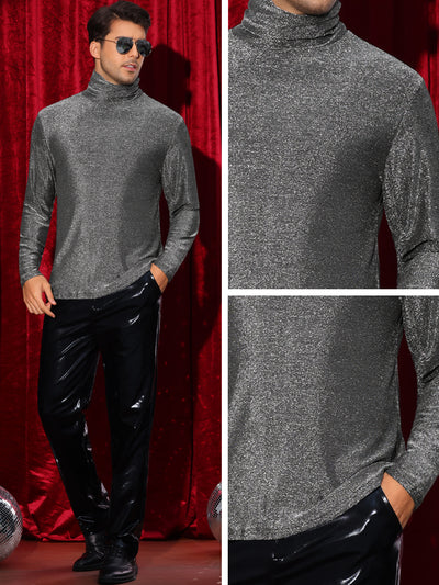 Glitter T Shirt for Men's Sparkly Turtleneck Nightclub Tee Shiny Party Long Sleeve Metallic T-Shirt