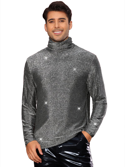 Glitter T Shirt for Men's Sparkly Turtleneck Nightclub Tee Shiny Party Long Sleeve Metallic T-Shirt