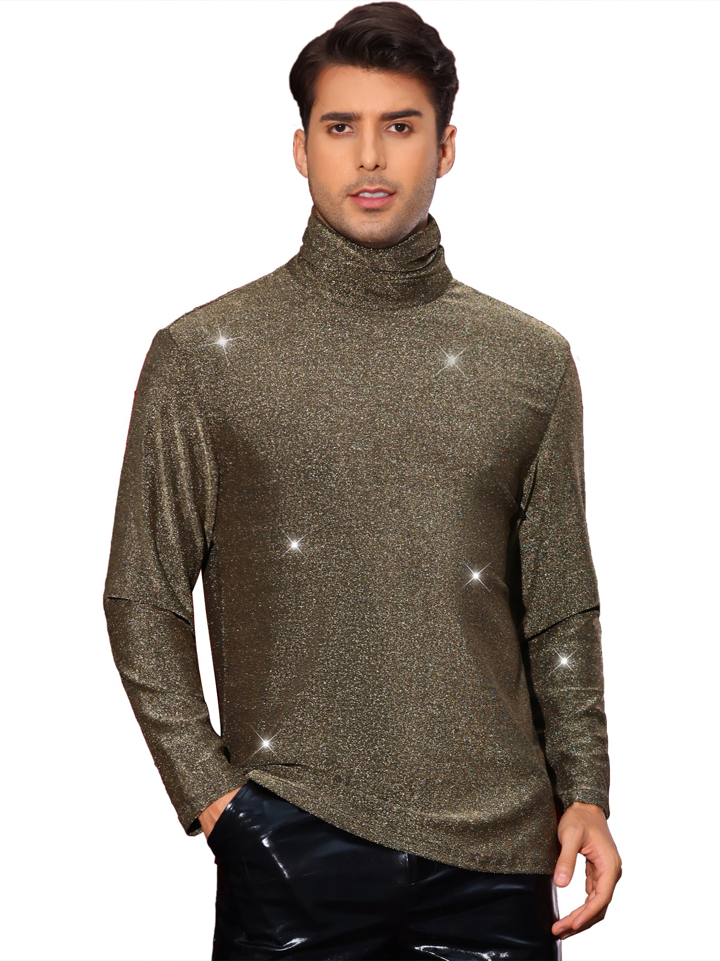 Bublédon Glitter T Shirt for Men's Sparkly Turtleneck Nightclub Tee Shiny Party Long Sleeve Metallic T-Shirt