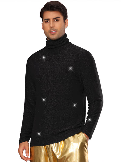 Glitter T Shirt for Men's Sparkly Turtleneck Nightclub Tee Shiny Party Long Sleeve Metallic T-Shirt