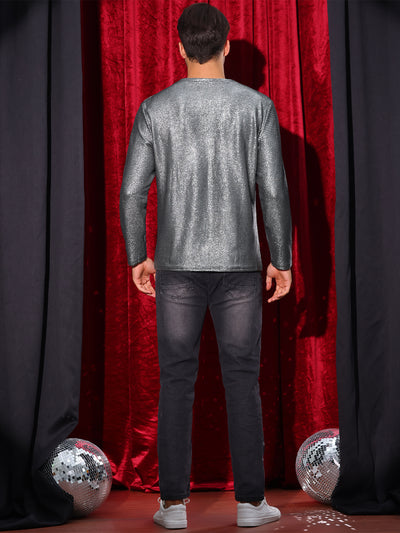 Metallic T-Shirt for Men's Long Sleeves Party Shiny Stripes Printed Tee Shirts