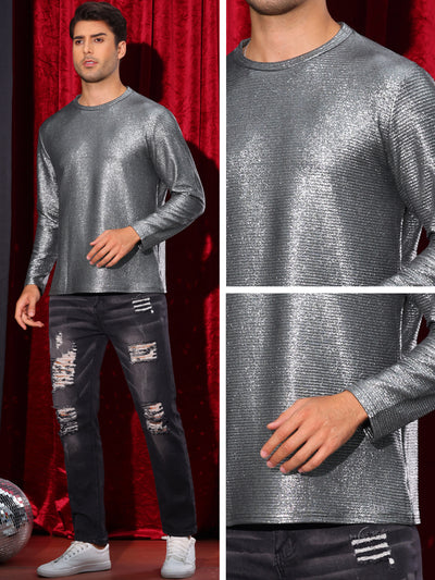 Metallic T-Shirt for Men's Long Sleeves Party Shiny Stripes Printed Tee Shirts