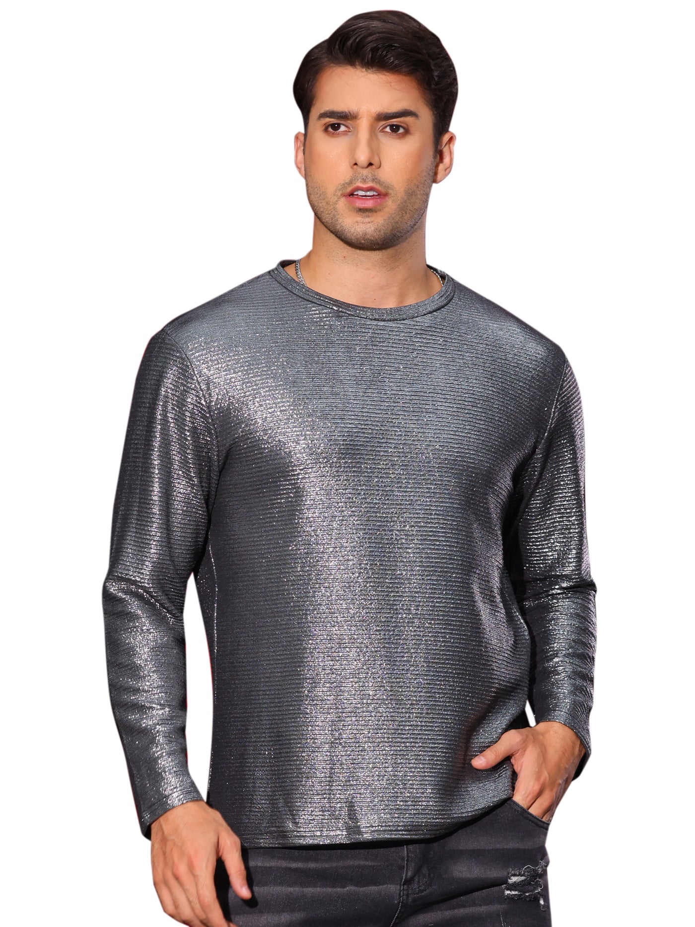 Bublédon Metallic T-Shirt for Men's Long Sleeves Party Shiny Stripes Printed Tee Shirts