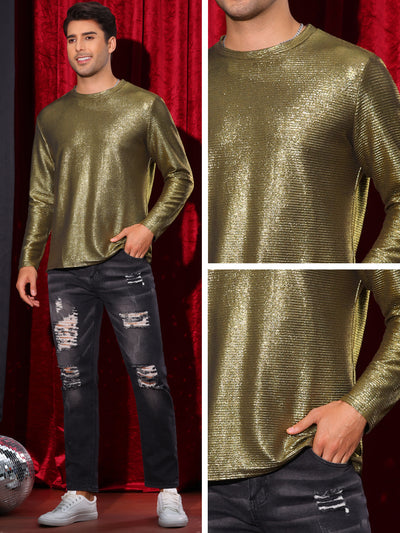 Metallic T-Shirt for Men's Long Sleeves Party Shiny Stripes Printed Tee Shirts