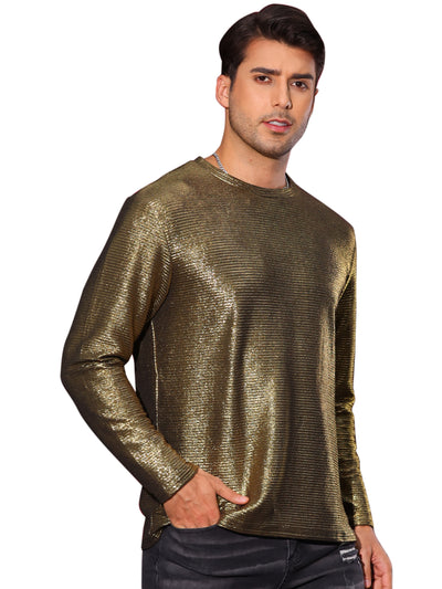 Metallic T-Shirt for Men's Long Sleeves Party Shiny Stripes Printed Tee Shirts