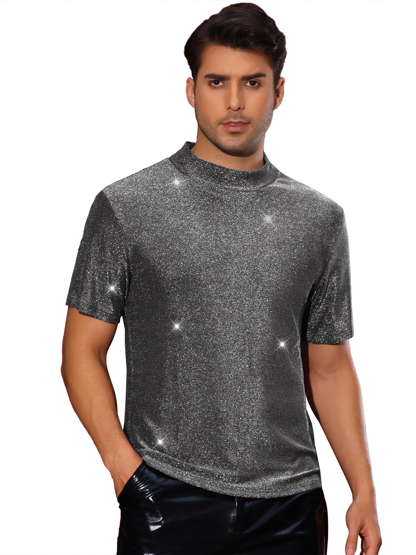 Bublédon Metallic T-Shirts for Men's Mock Neck Short Sleeve Party Glitter Tees Sparkly T Shirts