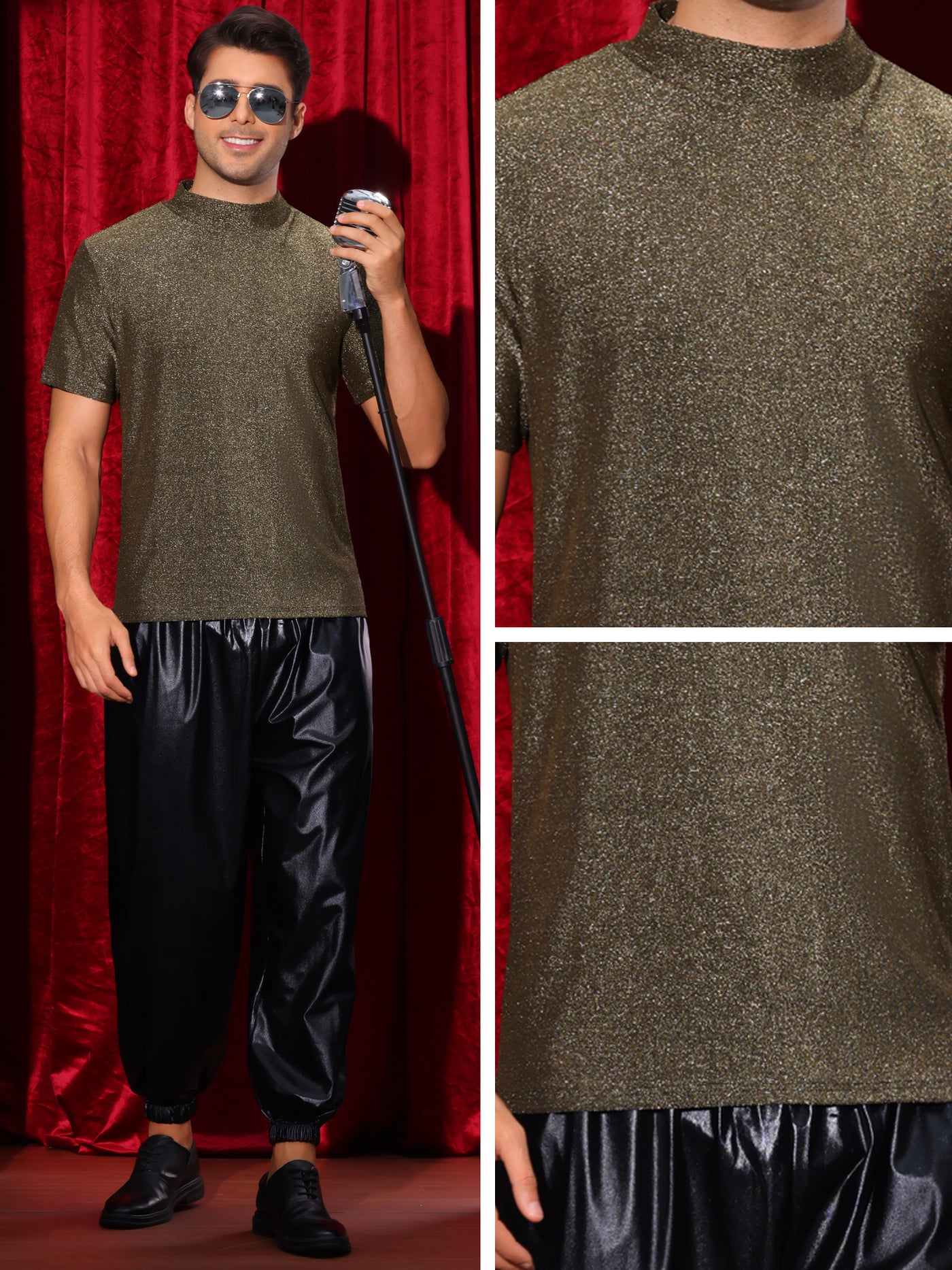 Bublédon Metallic T-Shirts for Men's Mock Neck Short Sleeve Party Glitter Tees Sparkly T Shirts