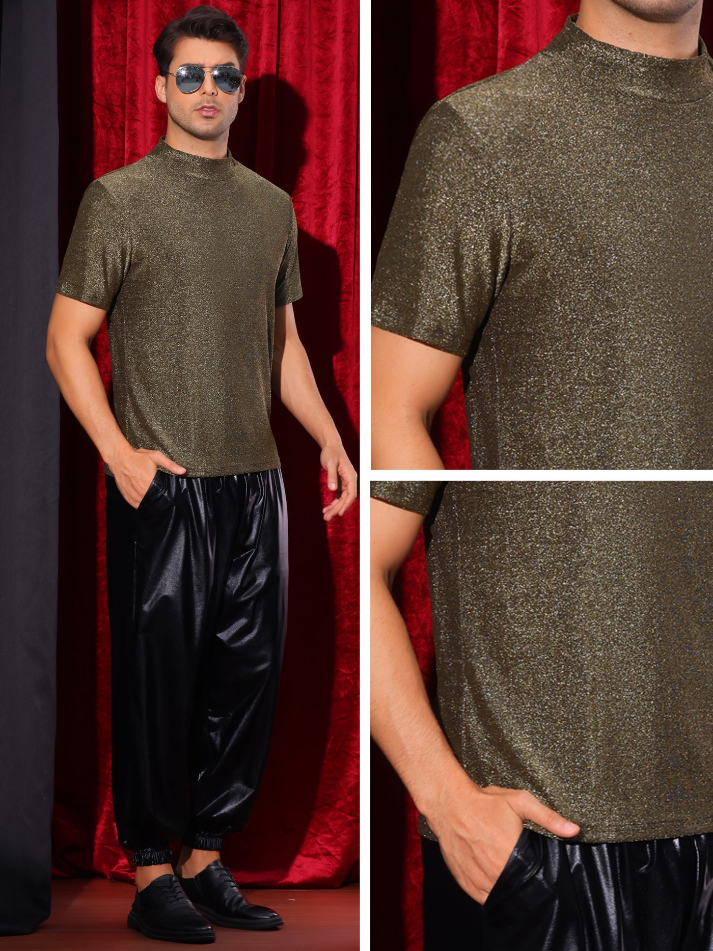 Bublédon Metallic T-Shirts for Men's Mock Neck Short Sleeve Party Glitter Tees Sparkly T Shirts