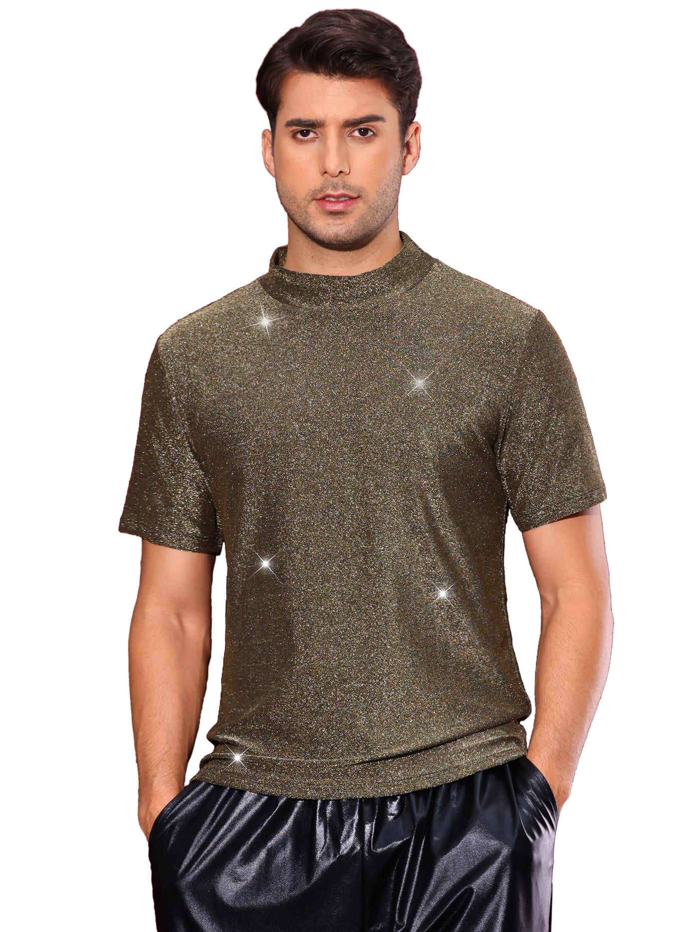 Bublédon Metallic T-Shirts for Men's Mock Neck Short Sleeve Party Glitter Tees Sparkly T Shirts