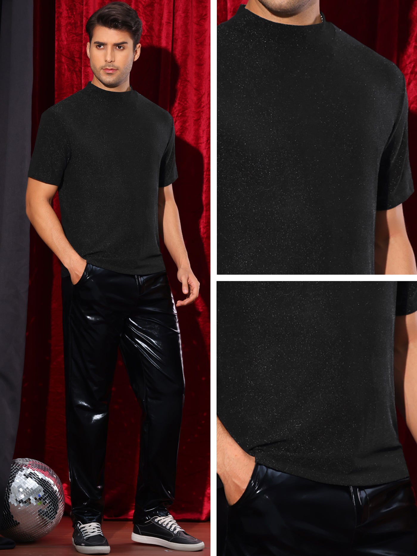 Bublédon Metallic T-Shirts for Men's Mock Neck Short Sleeve Party Glitter Tees Sparkly T Shirts