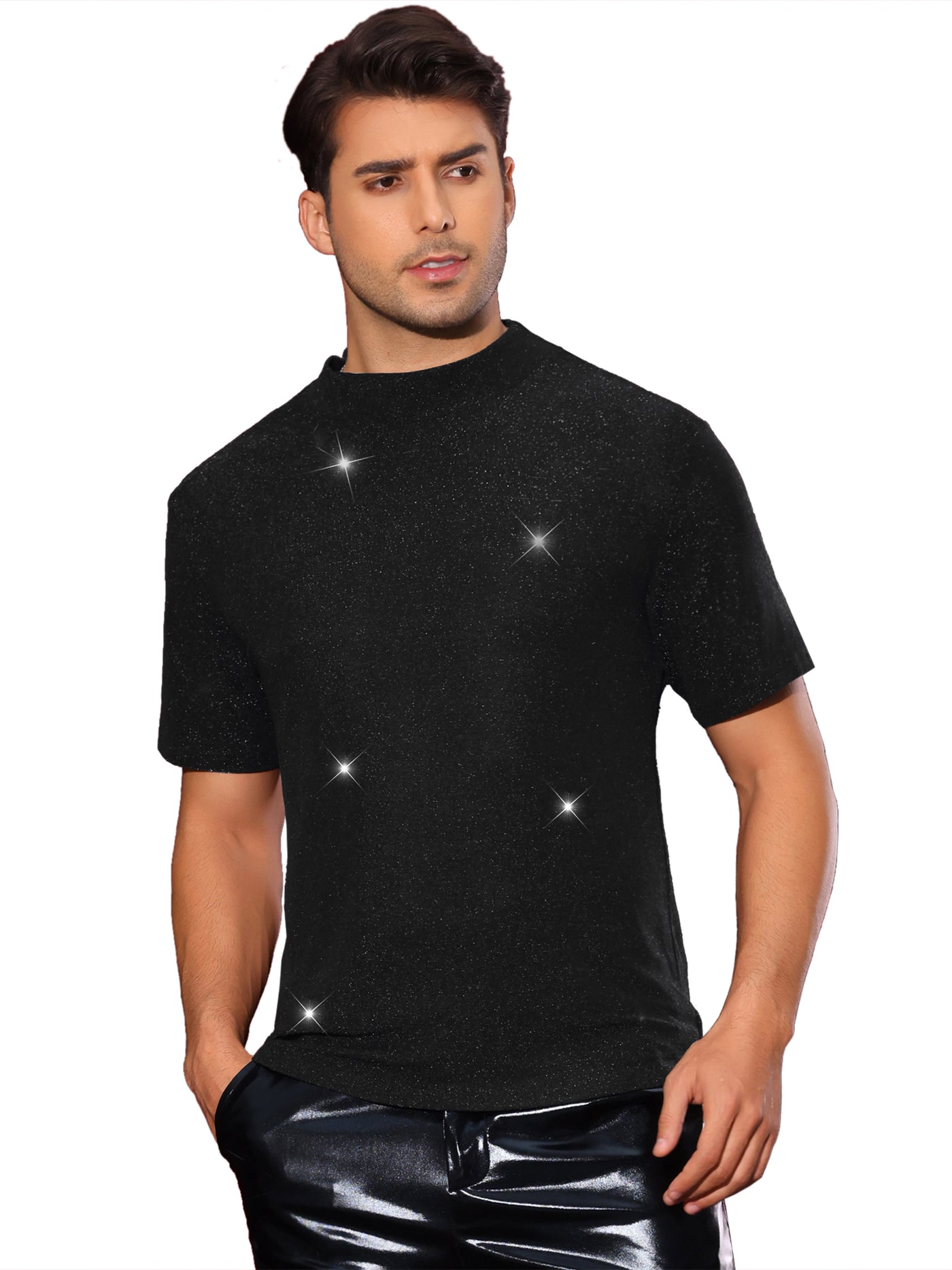 Bublédon Metallic T-Shirts for Men's Mock Neck Short Sleeve Party Glitter Tees Sparkly T Shirts