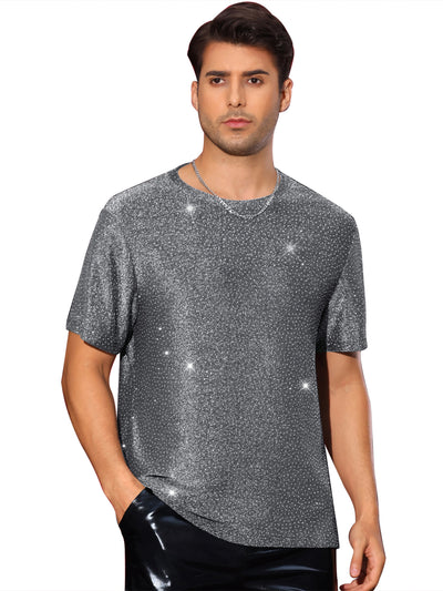 Metallic T Shirt for Men's Sparkly Short Sleeve Party Tee Shiny Club Glitter T-Shirt