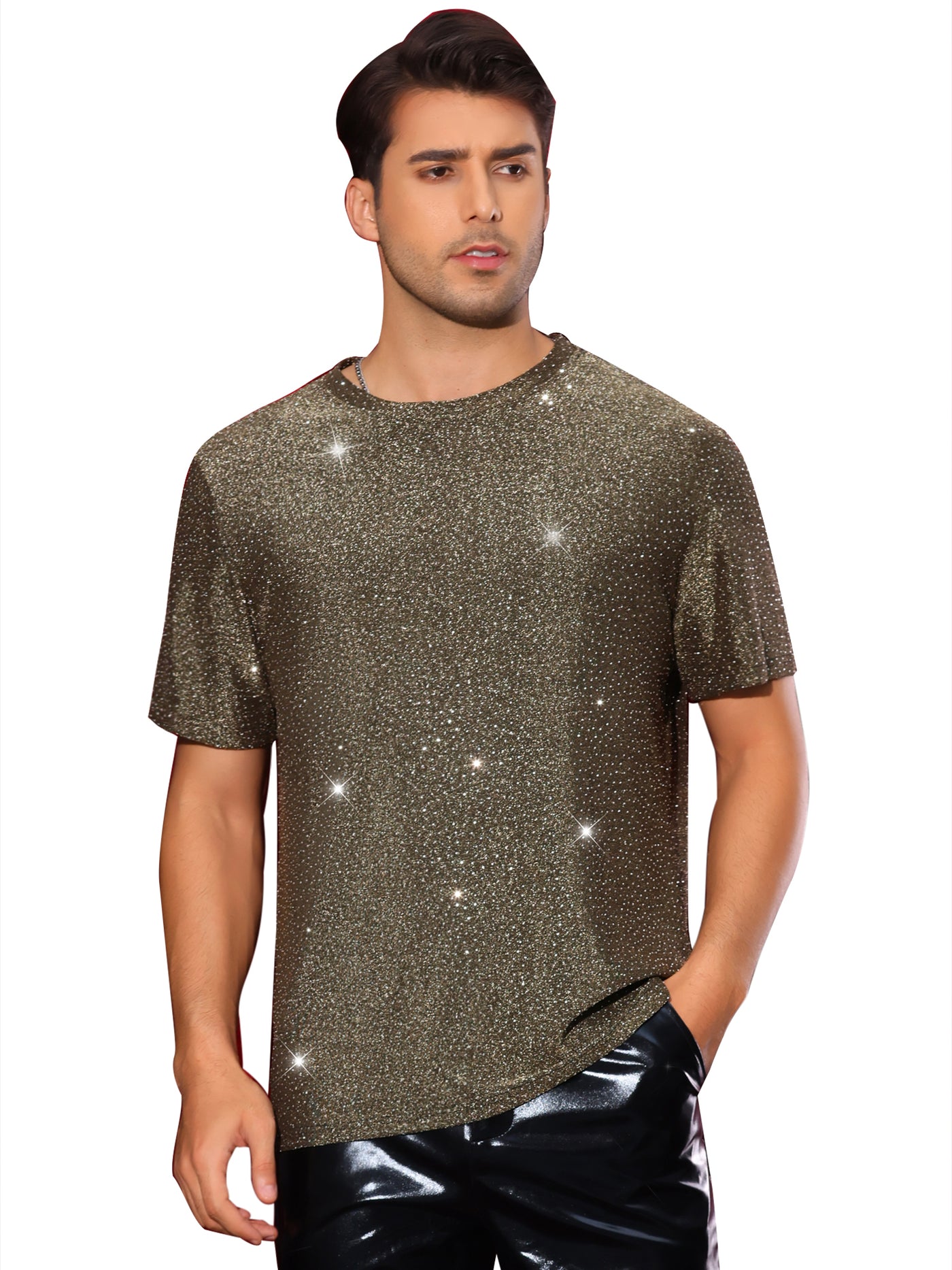 Bublédon Metallic T Shirt for Men's Sparkly Short Sleeve Party Tee Shiny Club Glitter T-Shirt